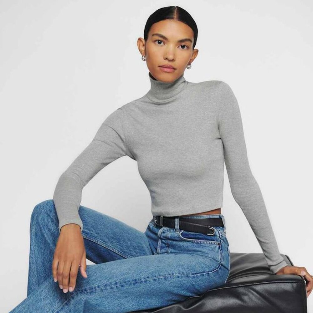 Reformataion Davy Cropped Ribbed Turtleneck Tee XS Grey Long Sleeve T-Shirt